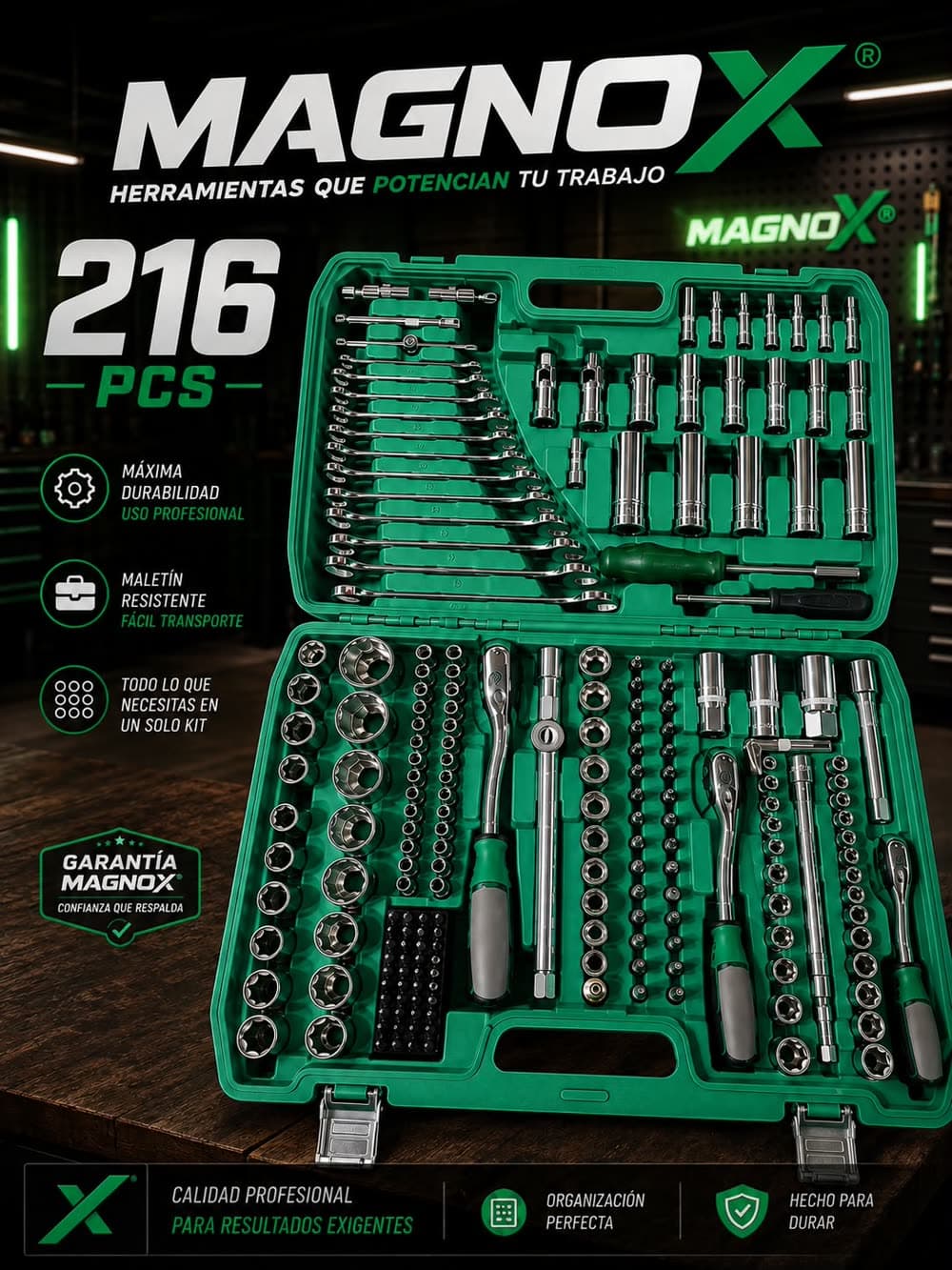 Especificaciones visuales de Juego de Herramientas MAGNOX 216 Piezas