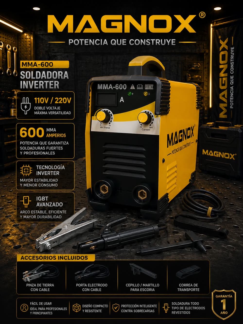 Especificaciones visuales de Soldadora Inverter MAGNOX MMA-600