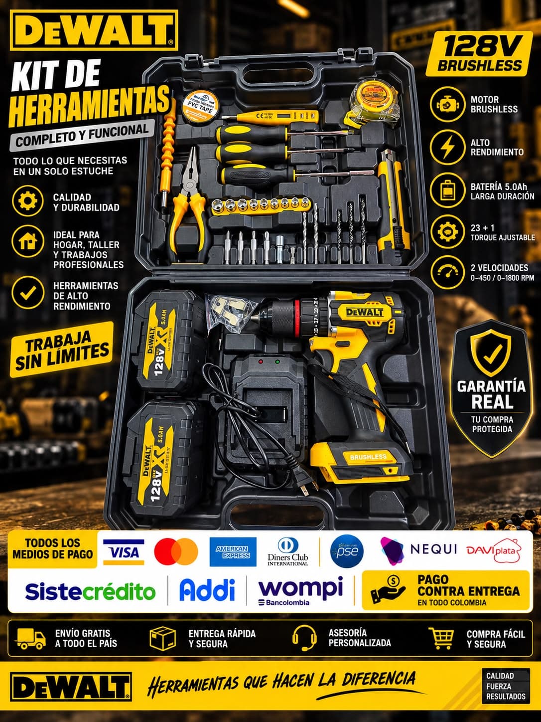 Especificaciones visuales de Taladro Percutor DEWALT 128V Brushless
