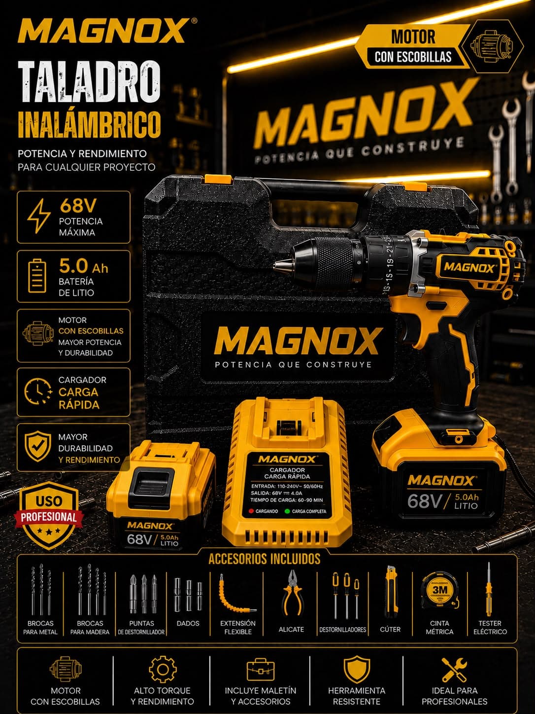 Especificaciones visuales de Taladro Percutor Inalámbrico MAGNOX 68V