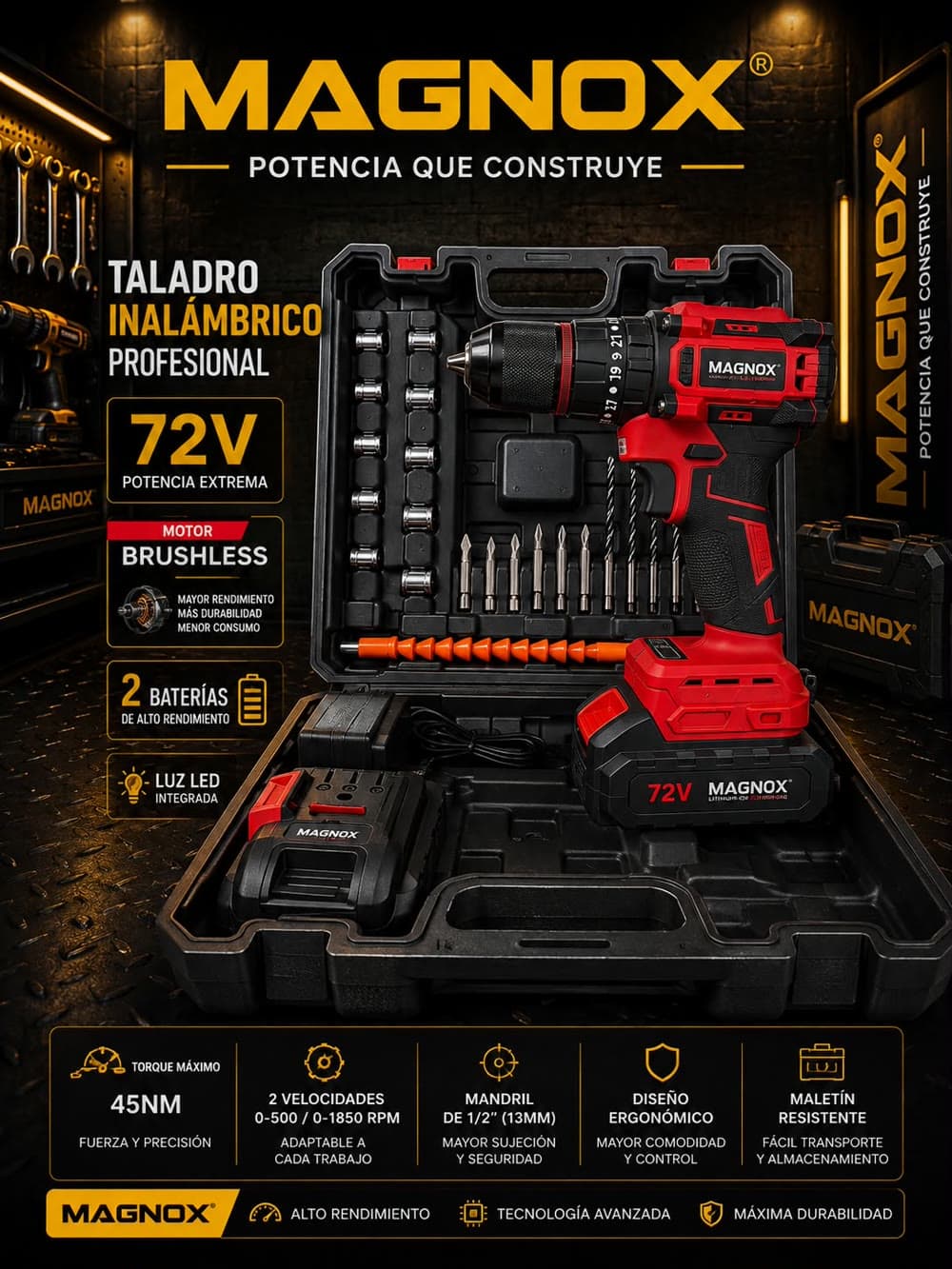 Especificaciones visuales de Taladro Inalámbrico MAGNOX 72V