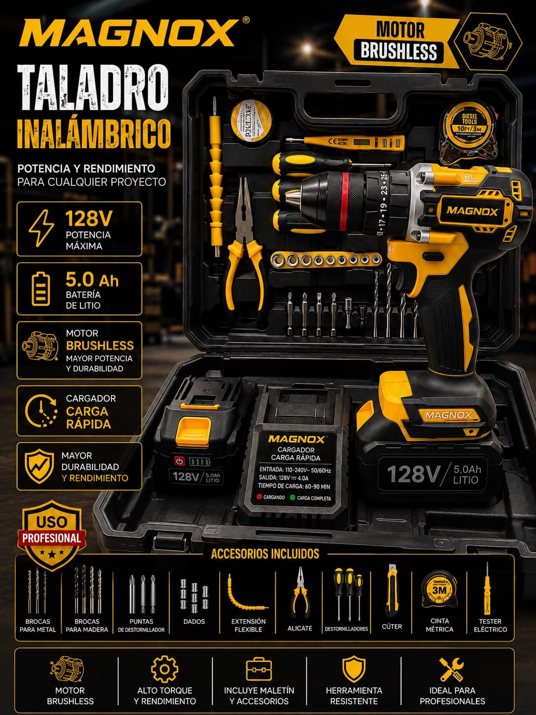 Especificaciones visuales de Set Taladro Percutor MAGNOX 128V Maletín Completo